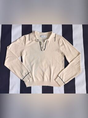 Mango Cream V-Neck Long Sleeve Sweater with Contrast Trim